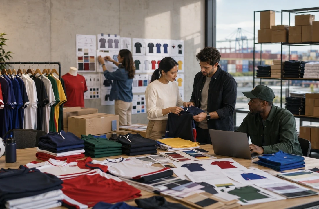 Apparel team reviewing World Cup 2026 apparel samples, color cards, packaging boxes, and production plans for early campaign supply chain planning