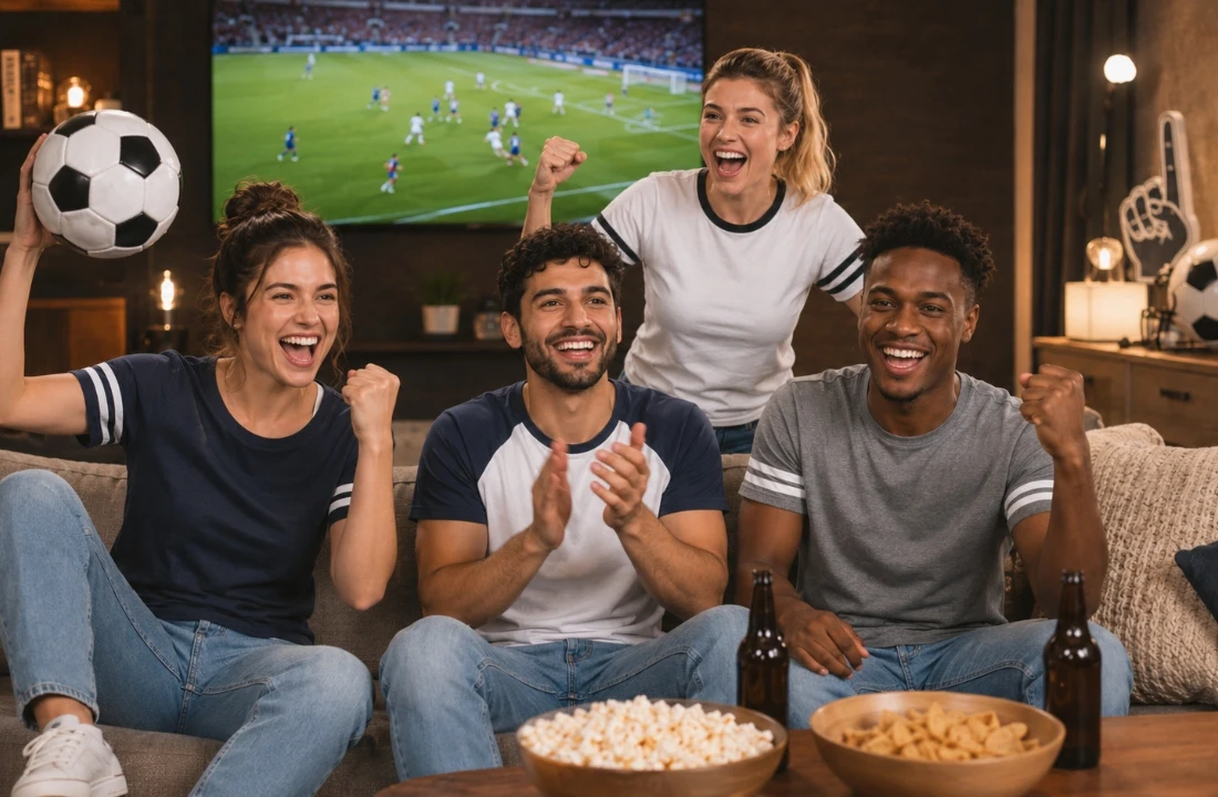 Group of soccer fans watching a match together, suitable for watch party shirts, small-batch testing, fan apparel, and sports event shirts