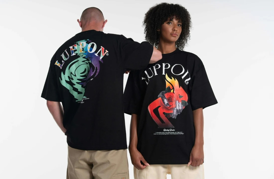 Print on Demand Streetwear image showing oversized black graphic T shirts with front and back designs, suitable for streetwear brand product presentation
