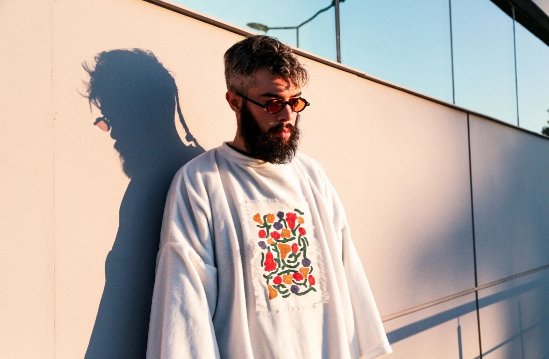 Bearded man wearing a light-colored Boxy Fit T Shirts style with embroidered floral artwork in outdoor light