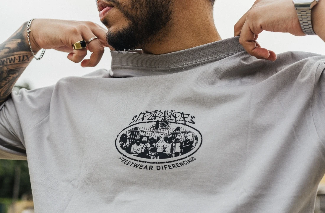 Close-up of Heavyweight T Shirts neckline and back print detail showing fabric structure and graphic placement