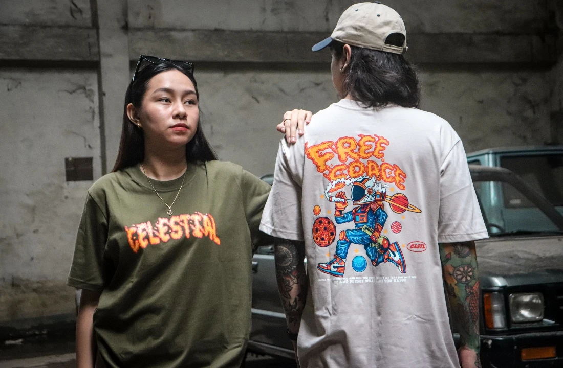 Two models wearing oversized graphic tees showing front and back Print on Demand Streetwear designs
