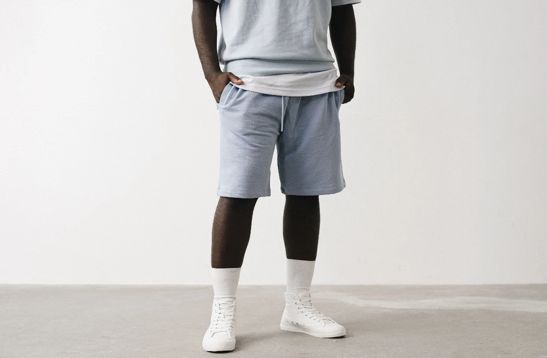 Studio view of a model wearing light blue Fleece Shorts with a drawstring waist and white high-top sneakers