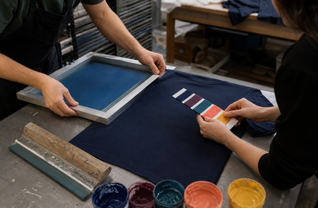 Screen printing team reviewing color choices for pride apparel T-shirt