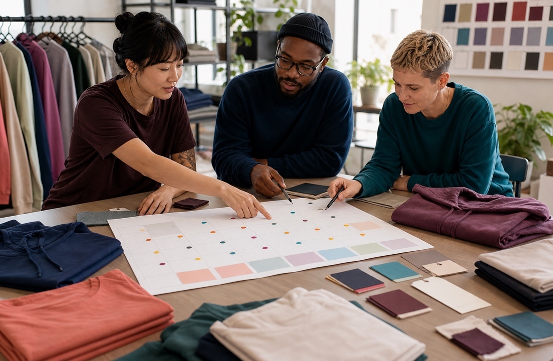 Apparel team planning a year-round Pride campaign with garments and color swatches