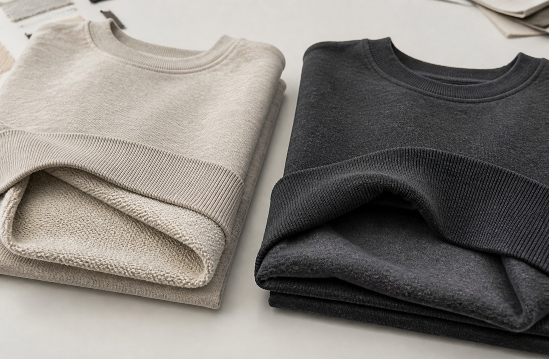 Loopback French terry and napped fleece interiors in custom sweatshirts