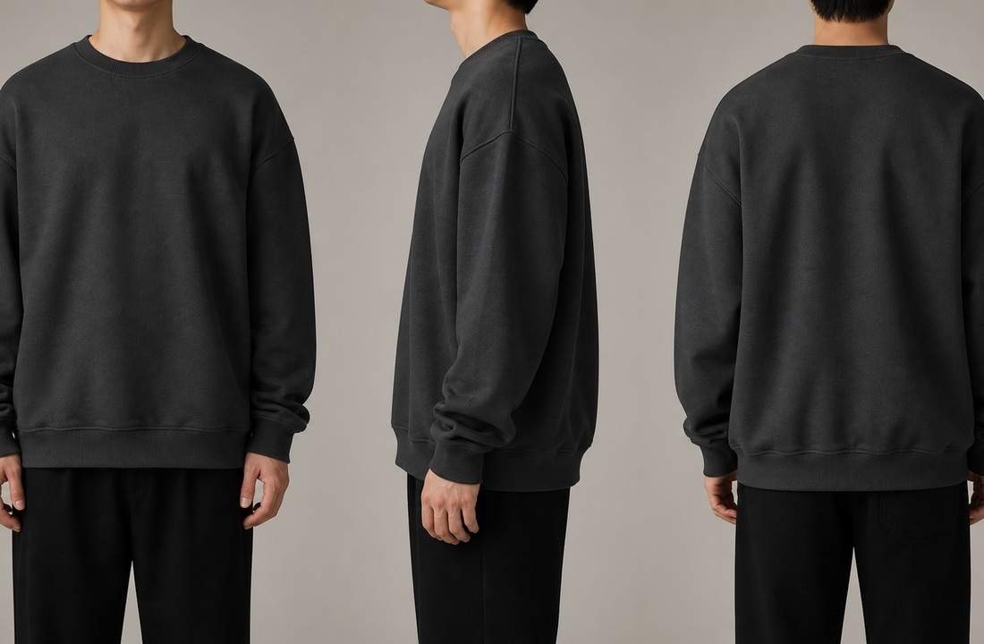 Front side and back views of an oversized charcoal custom sweatshirt