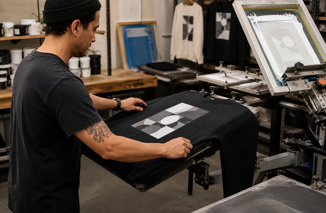 Technician aligning a black custom sweatshirt for screen printing in a workshop