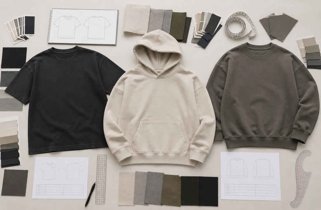 Unbranded T-shirt, hoodie, and sweatshirt with fabric swatches for custom streetwear manufacturer specification review