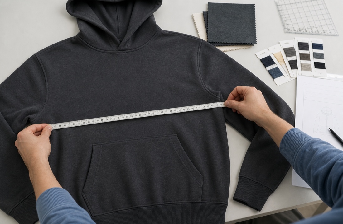 Technician measuring an unbranded hoodie during custom streetwear manufacturer sample approval