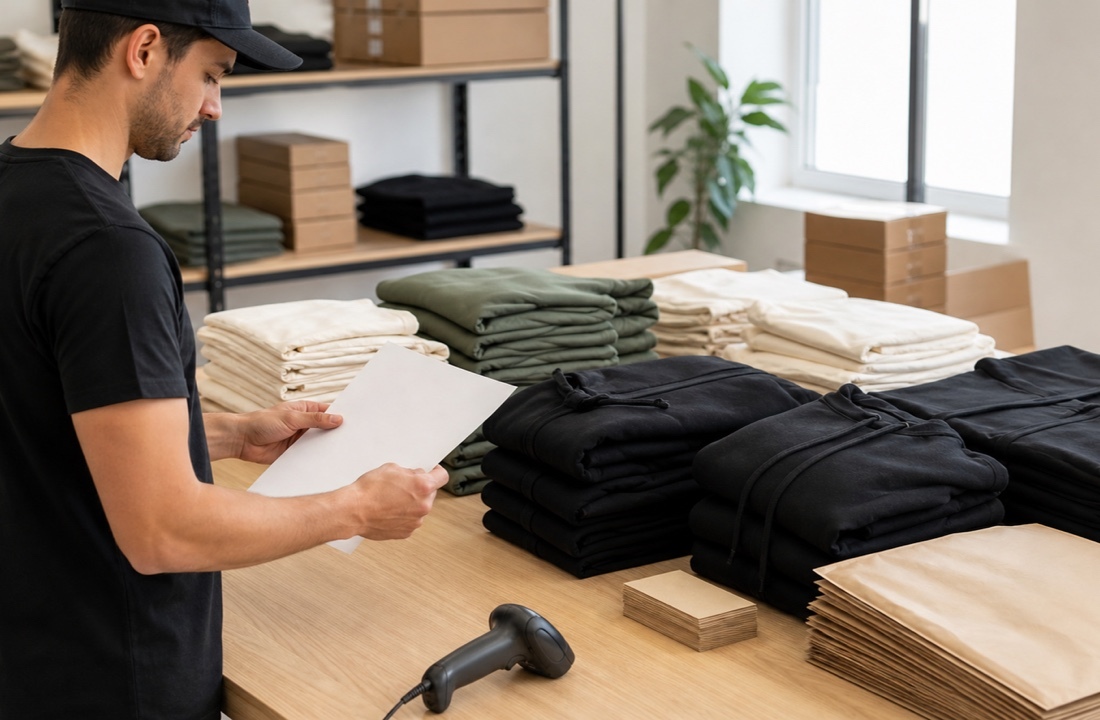 Organized hoodies, T-shirts, packaging, and packing controls for custom streetwear fulfillment and reorders