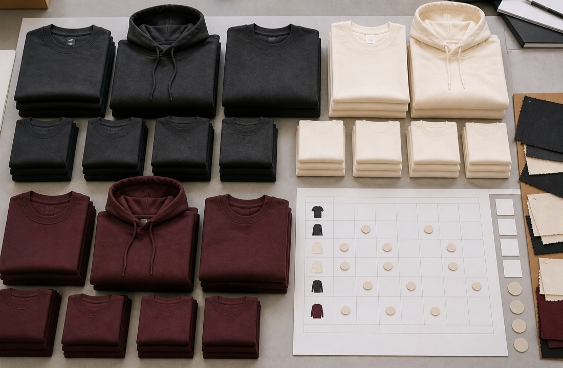 Limited T-shirt, hoodie, and sweatshirt assortment arranged for small batch apparel manufacturing MOQ allocation