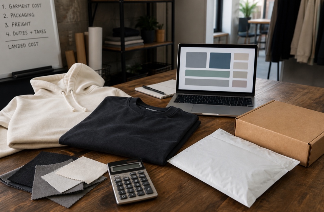 Garment samples, packaging, freight carton, and calculator used for small batch apparel manufacturing cost planning