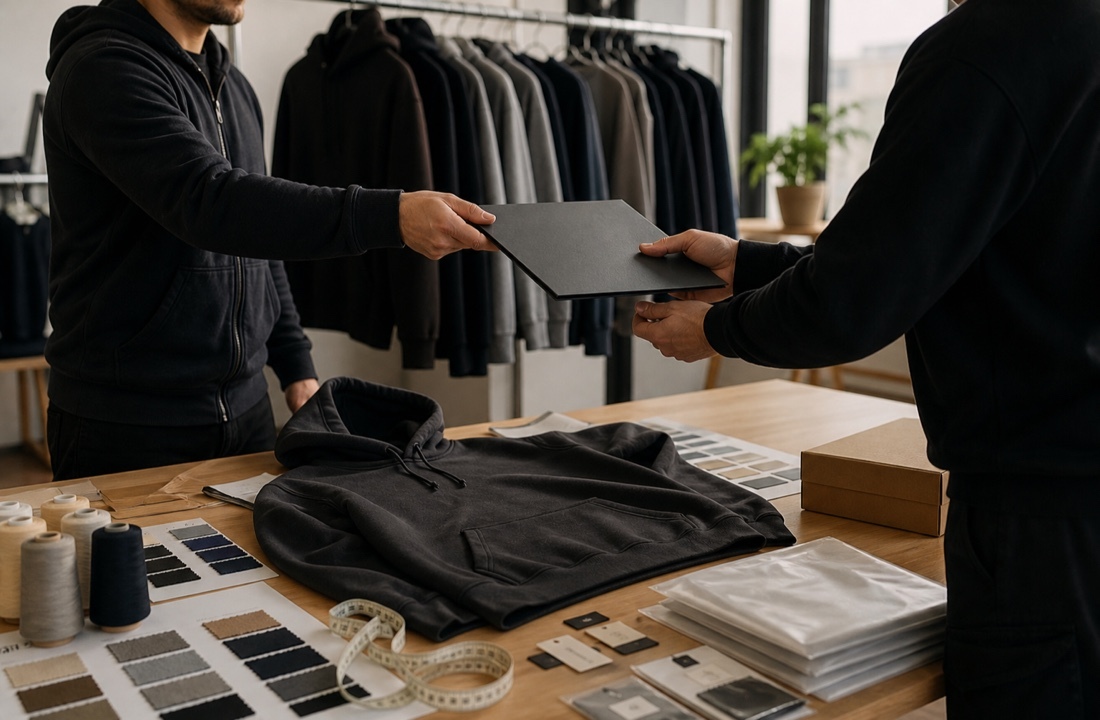Approved hoodie sample, measurements, swatches, labels, and packaging prepared for a small batch apparel supplier handoff