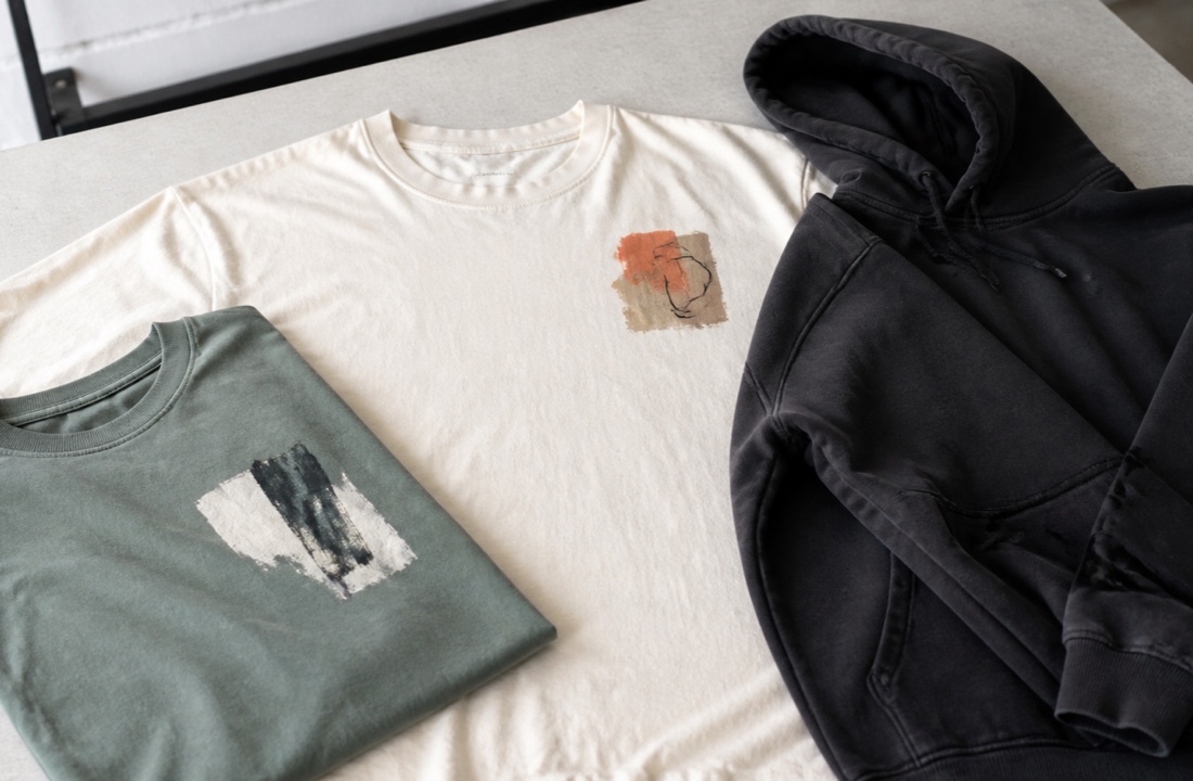 Unbranded T-shirts and a hoodie showing natural fabric and print details for a print on demand pricing comparison