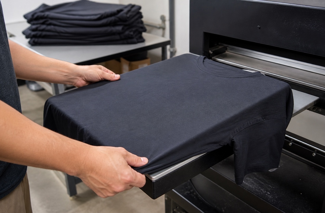 Garment printer positioning an unbranded T-shirt during print on demand apparel production