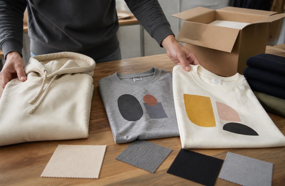 Hands comparing unbranded apparel samples and fabric swatches for a print on demand pricing decision