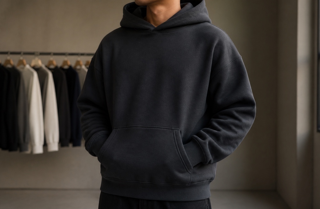 Anonymous model wearing a blank heavyweight hoodie to assess streetwear fit during clothing manufacturer MOQ planning