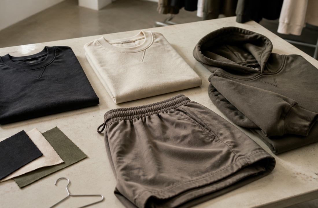 Unbranded streetwear garment samples and fabric swatches arranged for clothing manufacturer MOQ review