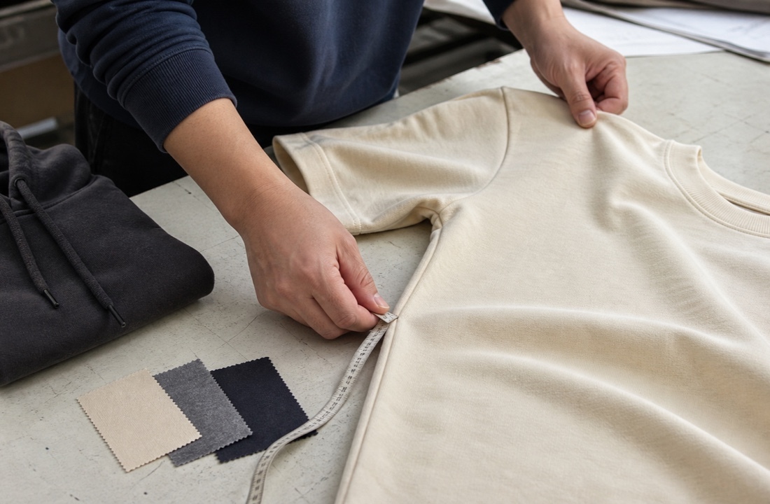 Technician checking an unbranded T-shirt sample and fabric swatches for clothing manufacturer MOQ planning