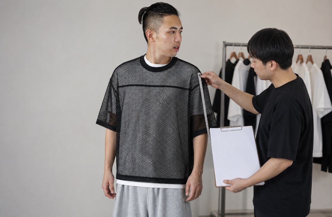 East Asian model wearing a boxy mesh T-shirt during POD streetwear fit approval