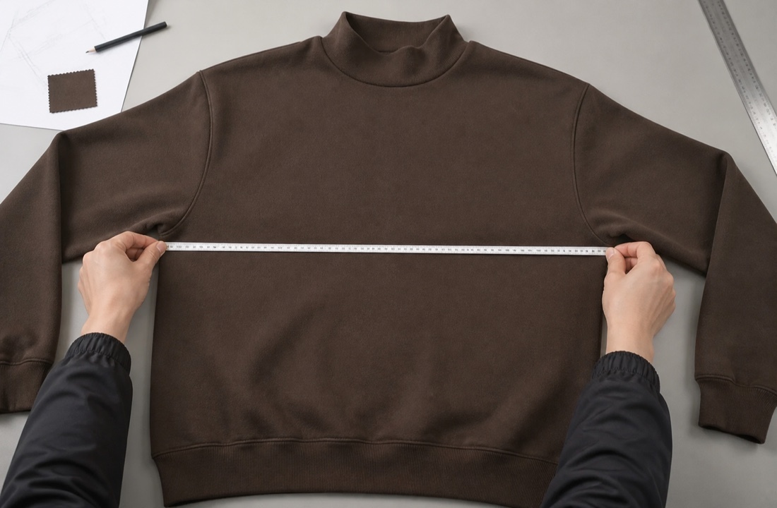 POD streetwear mock-neck sweatshirt measured across the chest during sample review