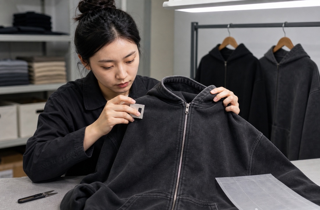 East Asian apparel technician inspecting a vintage-wash zip hoodie for POD streetwear approval