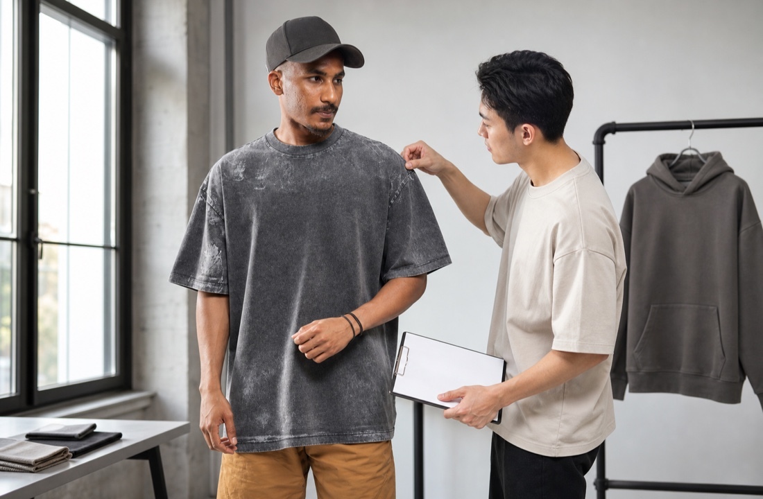 Creator merch model wearing a pigment-wash T-shirt during product review