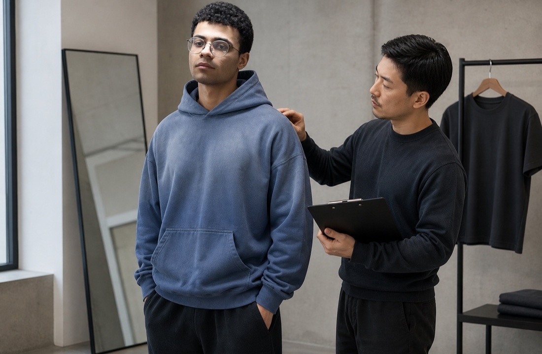 Creator merch model wearing a heavyweight hoodie during sample fit review