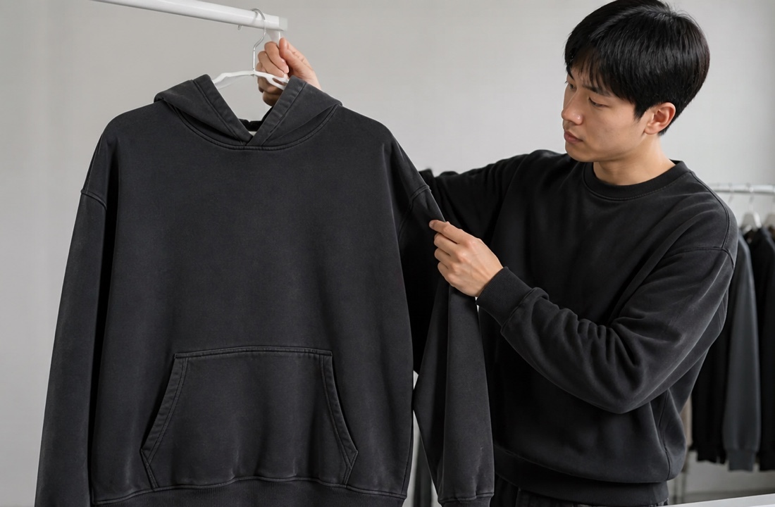 Streetwear drop hoodie sample inspected before production approval
