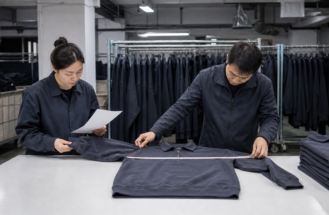 Fall streetwear sweatshirt measured during factory quality control