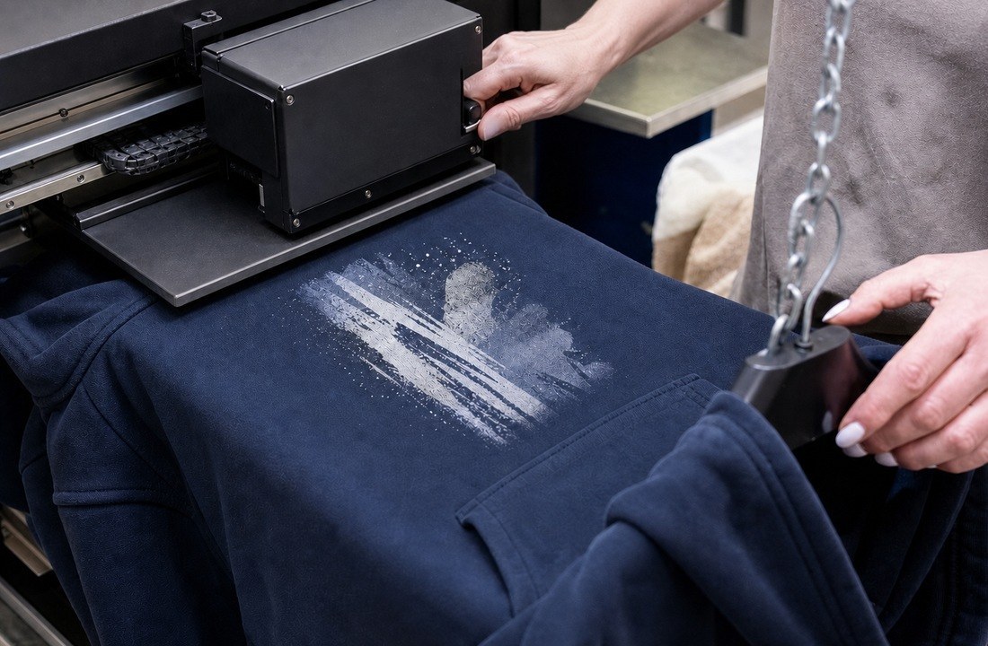 DTG hoodie printing process on a direct-to-garment machine