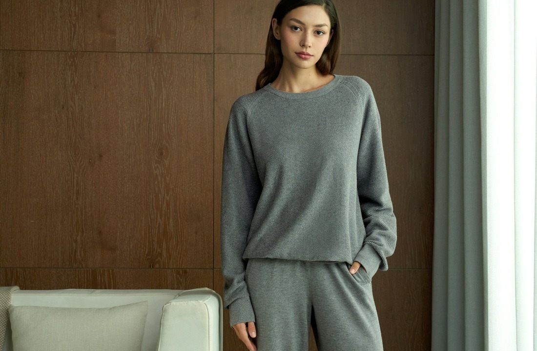 Custom sweatpants fit showing waist pocket and straight-leg drape
