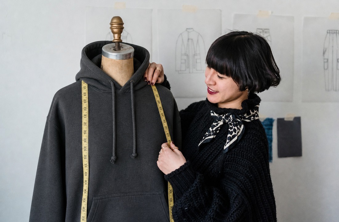 Asian apparel designer measuring placement on a heavyweight hoodie sample