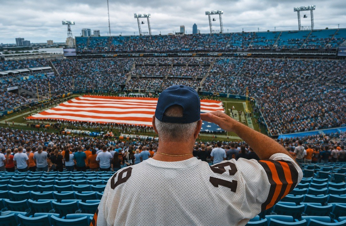 Football supporter wearing fan apparel in a packed stadium