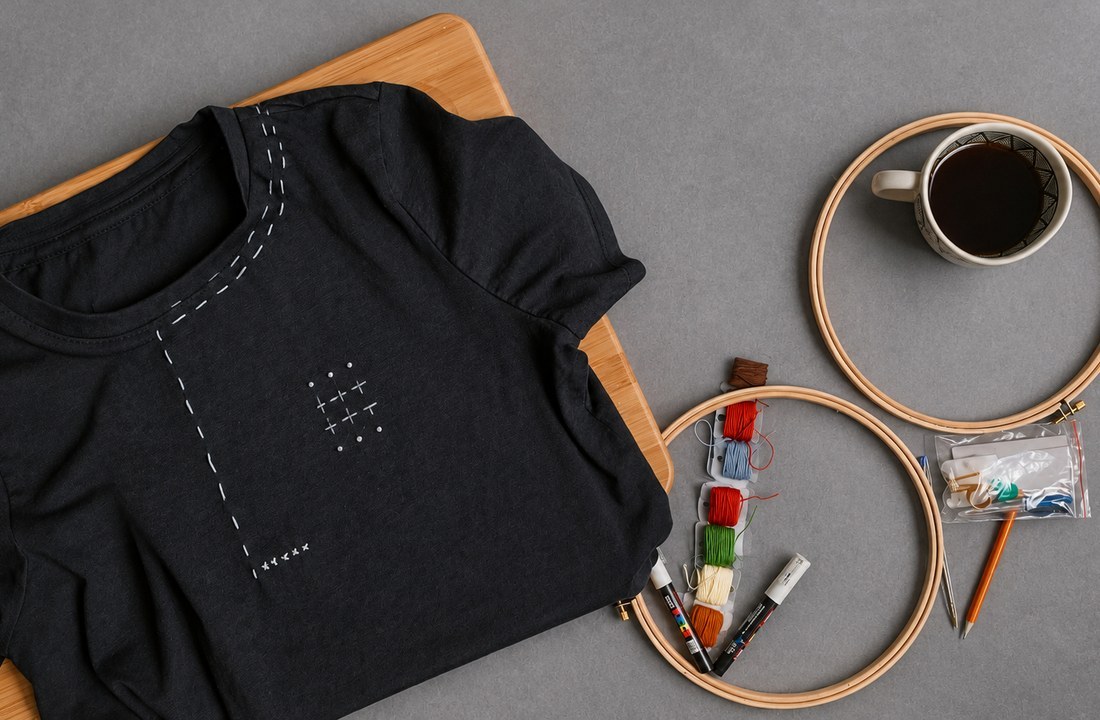 Black T-shirt with neutral stitch test beside embroidery hoops and sampling tools