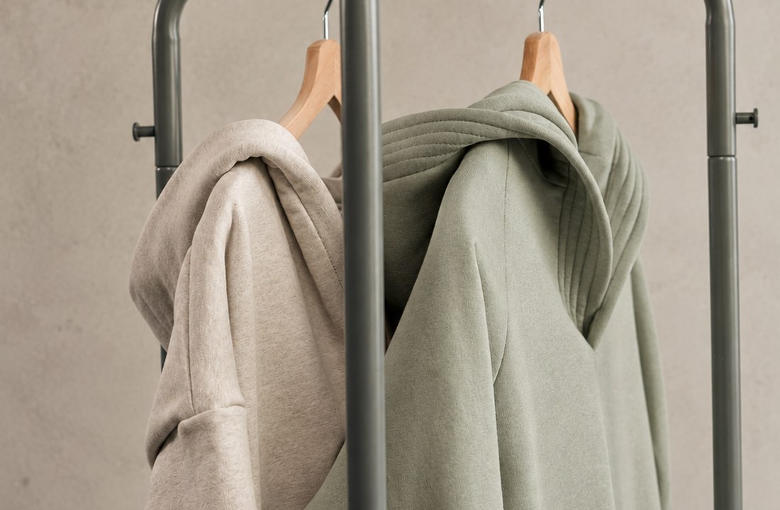 Oatmeal and sage hoodies on a clothing rack for white label product planning