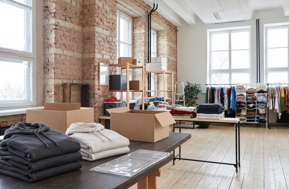 Folded blank hoodies cartons and packing sleeves in an apparel workroom