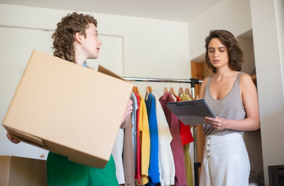 Apparel inventory and shipment box reviewed for cost and SKU risk
