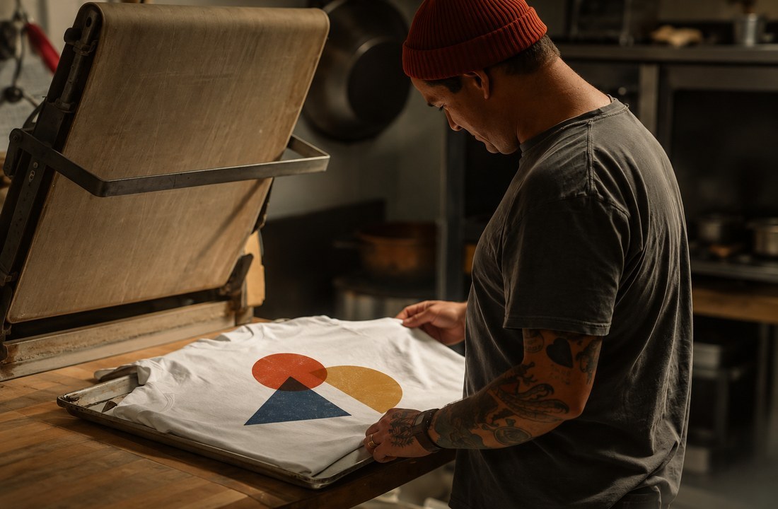 One custom T-shirt print sample checked at the press