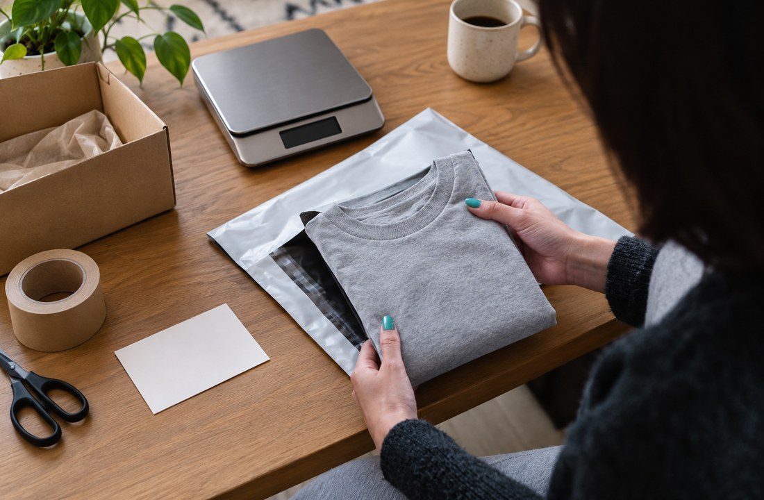 One T-shirt order packed for shipping and feedback testing