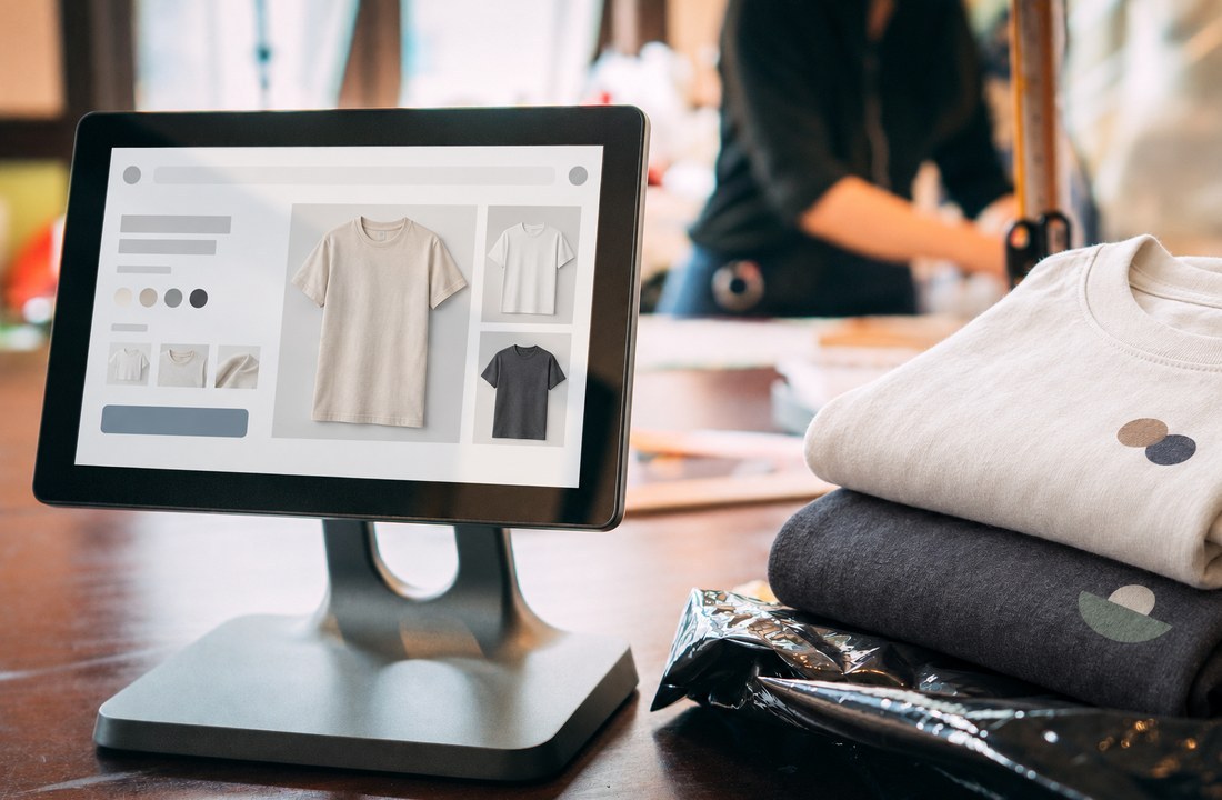 Finished custom T-shirts shown with a product specification screen