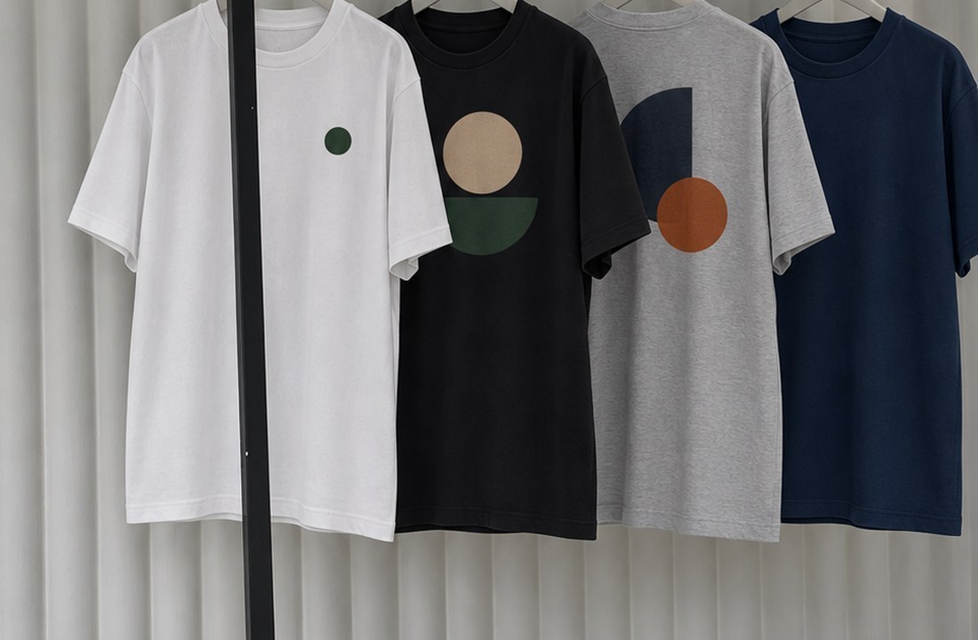 T-shirt print placements compared on a garment rack