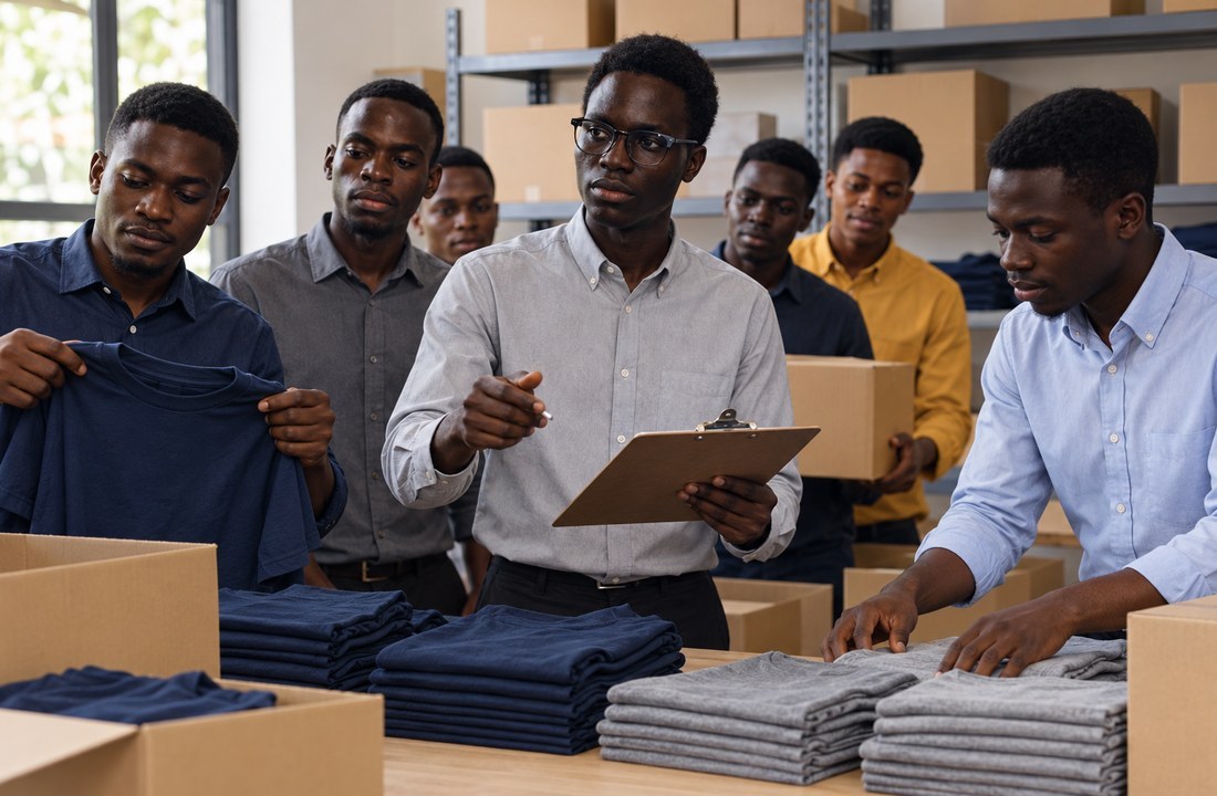 Business staff planning T-shirt sizes and distribution