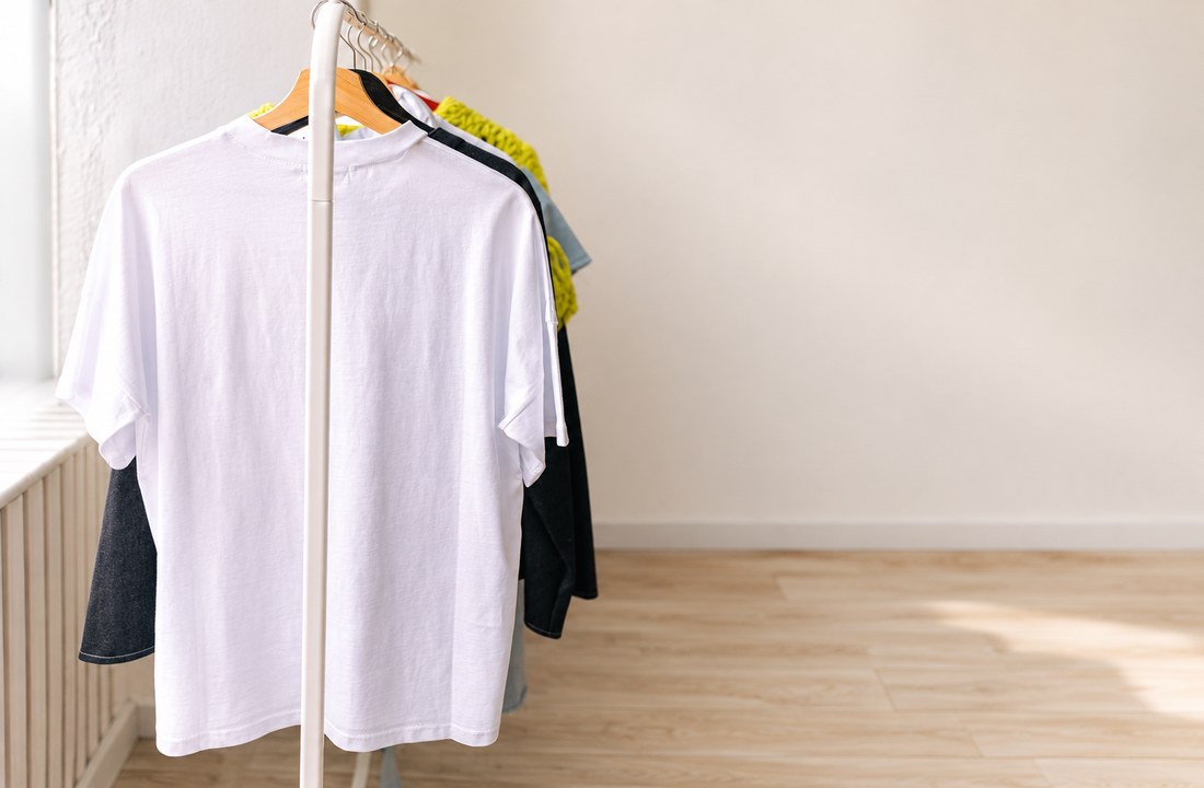 Plain white T-shirt at the front of a small garment assortment on a clothes rail