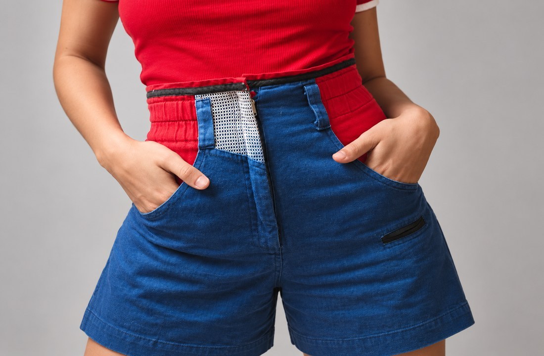 Red ribbed T-shirt worn with denim shorts showing waist and pocket construction