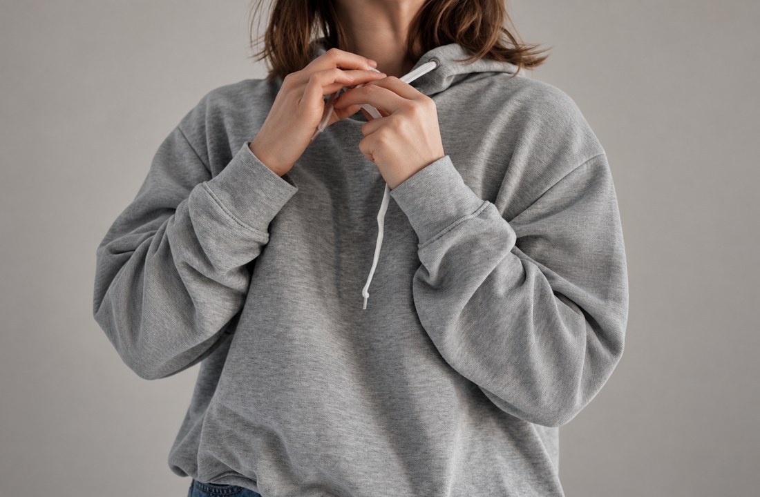 Hands adjusting a grey hoodie with visible rib cuffs and drawcord