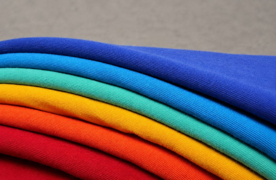 Folded T-shirts showing distinct blue, green, yellow, orange and red colorways