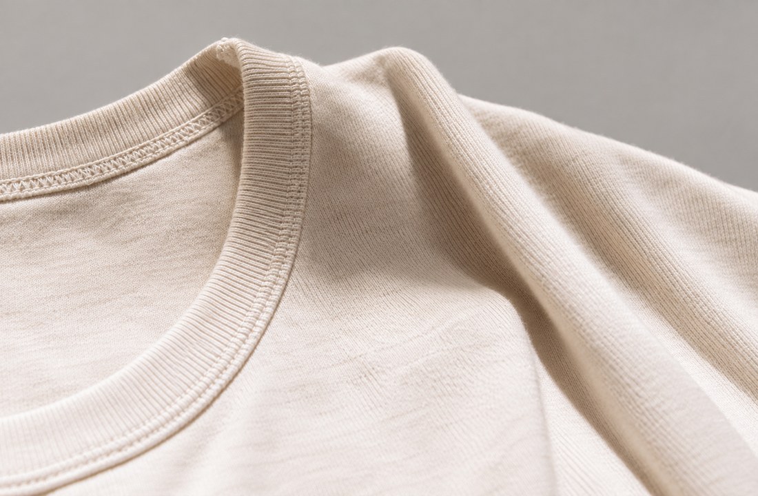 Close-up of white T-shirt collar ribbing, stitching and shoulder fabric