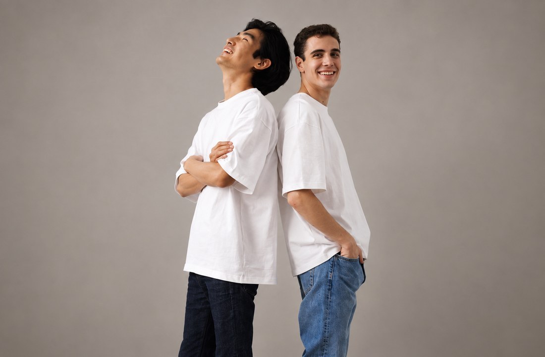 Two men wearing plain white T-shirts with different visible sleeve and hem profiles